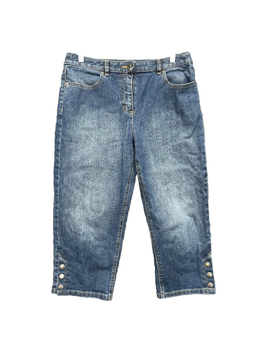 Talbots Capri Jeans Womens 8P Blue Medium Wash Snap Button Cuff Stretch Casual